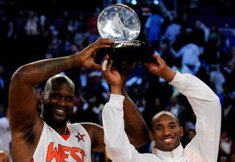PHOENIX - FEBRUARY 15:  Co-MVPs Shaquille O'Neal #32 and Kobe Bryant #24 of the Western Conference hold up the trophy after the Western Conference defeated the Eastern Conference in the 58th NBA All-Star Game, part of 2009 NBA All-Star Weekend at US Airways Center on February 15, 2009 in Phoenix, Arizona.  NOTE TO USER: User expressly acknowledges and agrees that, by downloading and or using this photograph, User is consenting to the terms and conditions of the Getty Images License Agreement.  (Photo by Kevork Djansezian/Getty Images)