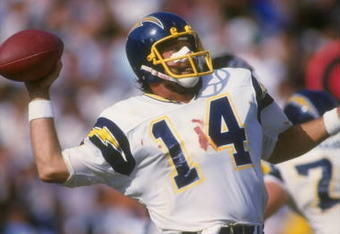 28 Sep 1986:  Quarterback Dan Fouts of the San Diego Chargers passes the ball during a game against the Los Angeles Raiders at the Coliseum in Los Angeles, California.  The Raiders won the game, 17-13. Mandatory Credit: Mike Powell  /Allsport