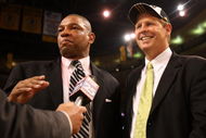 BOSTON - JUNE 17: Head coach Doc Rivers and Executive Director of Basketball Operations Danny Ainge of the Boston Celtics celebrate after defeating the Los Angeles Lakers in Game Six of the 2008 NBA Finals on June 17, 2008 at TD Banknorth Garden in Boston, Massachusetts. NOTE TO USER: User expressly acknowledges and agrees that, by downloading and/or using this Photograph, user is consenting to the terms and conditions of the Getty Images License Agreement. (Photo by Elsa/Getty Images)