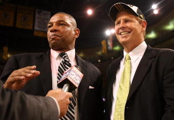 BOSTON - JUNE 17:  Head coach Doc Rivers and Executive Director of Basketball Operations Danny Ainge of the Boston Celtics celebrate after defeating the Los Angeles Lakers in Game Six of the 2008 NBA Finals on June 17, 2008 at TD Banknorth Garden in Boston, Massachusetts. NOTE TO USER: User expressly acknowledges and agrees that, by downloading and/or using this Photograph, user is consenting to the terms and conditions of the Getty Images License Agreement.  (Photo by Elsa/Getty Images)