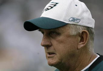 PHILADELPHIA - SEPTEMBER 21: Defensive coordinator Jim Johnson of the Philadelphia Eagles walks off the field during pre-game warmups before their game against the Pittsburgh Steelers on September 21, 2008 at Lincoln Financial Field in Philadelphia, Pennsylvania. (Photo by Chris Gardner/Getty Images)