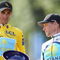PARIS - JULY 26:  Yellow Jersey holder and race winner Alberto Contador (L) of Spain and Astana holds  the trophy as Lance Armstrong of the USA and Astana looks on after Stage Twenty One of the Tour de France on July 26, 2009 in Paris, France.  (Photo by Bryn Lennon/Getty Images)