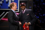 NEW YORK - APRIL 25: NFL Commissioner Roger Goodell poses with with San Francisco 49ers #10 draft pick Michael Crabtree at Radio City Music Hall for the 2009 NFL Draft on April 25, 2009 in New York City (Photo by Jeff Zelevansky/Getty Images)