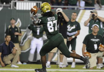 TAMPA, FL - OCTOBER 2: Wide receiver Jessie Hester #87 of the University of South Florida Bulls grabs a fourth-quarter touchdown pass against the Pittsburgh Panthers at Raymond James Stadium on October 2, 2008 in Tampa, Florida.  (Photo by Al Messerschmidt/Getty Images)