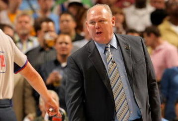 DENVER - APRIL 22:  Head coach George Karl of the Denver Nuggets has words with the officials as he leads his team against the New Orleans Hornets in Game Two of the Western Conference Quarterfinals during the 2009 NBA Playoffs at Pepsi Center on April 22, 2009 in Denver, Colorado. The Nuggets defeated the Hornets 108-93. NOTE TO USER: User expressly acknowledges and agrees that, by downloading and or using this photograph, User is consenting to the terms and conditions of the Getty Images License Agreement.  (Photo by Doug Pensinger/Getty Images)