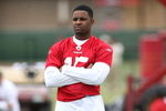 SANTA CLARA, CA - MAY 01:  Michael Crabtree #15 of the San Francisco 49ers looks on at practice during the 49ers Minicamp at their training facilities on May 1, 2009 in Santa Clara, California. Crabtree was the 49ers first round draft pick.  (Photo by Jed Jacobsohn/Getty Images)