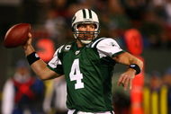 EAST RUTHERFORD, NJ - DECEMBER 28: Brett Favre #4 of The New York Jets looks to pass against The Miami Dolphins during their game on December 28, 2008 at Giants Stadium in East Rutherford, New Jersey. (Photo by Al Bello/Getty Images)