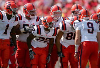 LOUISVILLE, KY - SEPTEMBER 22:  Quarterback Andrew Robinson #9 of the Syracuse Orange calls a play in the huddlle while playing the Louisville Cardinals at Papa John's Cardinal Stadium September 22, 2007 in Louisville, Kentucky.  (Photo by Matthew Stockman/Getty Images)
