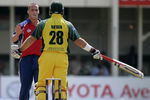 BIRMINGHAM, UNITED KINGDOM - JUNE 28:  Matthew Hayden of Australia confronts Simon Jones of Engalnd after his throw strikes him during the NatWest Series One Day International between England and Australia played at Edgbaston on June 28, 2005 in Birmingham, United Kingdom.  (Photo by Clive Mason/Getty Images)