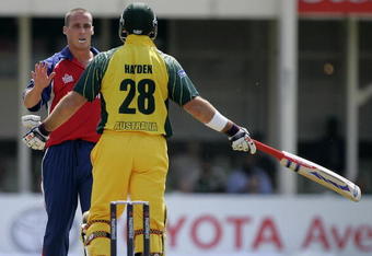 BIRMINGHAM, UNITED KINGDOM - JUNE 28:  Matthew Hayden of Australia confronts Simon Jones of Engalnd after his throw strikes him during the NatWest Series One Day International between England and Australia played at Edgbaston on June 28, 2005 in Birmingham, United Kingdom.  (Photo by Clive Mason/Getty Images)