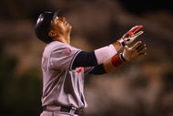 ANAHEIM, CA - JULY 27:  Victor Martinez #41 of the Cleveland Indians celebrates after hitting a three-run home run in the ninth inning against the Los Angeles Angels of Anaheim at Angel Stadium on July 27, 2009 in Anaheim, California. The Indians defeated the Angels 8-6.  (Photo by Jeff Gross/Getty Images)