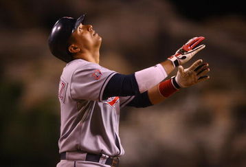 ANAHEIM, CA - JULY 27:  Victor Martinez #41 of the Cleveland Indians celebrates after hitting a three-run home run in the ninth inning against the Los Angeles Angels of Anaheim at Angel Stadium on July 27, 2009 in Anaheim, California. The Indians defeated the Angels 8-6.  (Photo by Jeff Gross/Getty Images)