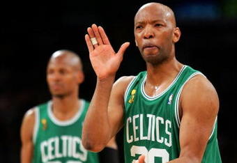 LOS ANGELES, CA - JUNE 15:  Sam Cassell #28 of the Boston Celtics reacts as he stands in front of teammate Ray Allen #20 while taking on the Los Angeles Lakers in Game Five of the 2008 NBA Finals on June 15, 2008 at Staples Center in Los Angeles, California. NOTE TO USER: User expressly acknowledges and agrees that, by downloading and/or using this Photograph, user is consenting to the terms and conditions of the Getty Images License Agreement.  (Photo by Lisa Blumenfeld/Getty Images)