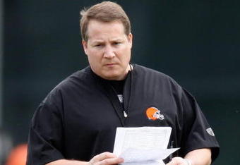 BEREA, OH - MAY 02:  Head coach Eric Mangini of the Cleveland Browns looks on  during rookie mini camp at the Cleveland Browns Training and Administrative Complex on May 2, 2009 in Berea, Ohio.  (Photo by Gregory Shamus/Getty Images)