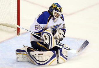 GLENDALE, AZ - APRIL 07:  Goaltender Chris Mason #50 of the St. Louis Blues makes a glove save on a shot from the Phoenix Coyotes during the NHL game at Jobing.com Arena on April 7, 2009 in Glendale, Arizona.  (Photo by Christian Petersen/Getty Images)
