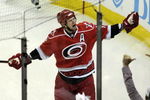 RALEIGH, NC - MAY 26:  Eric Staal #12 of the Carolina Hurricanes celebrates his first period goal against the Pittsburgh Penguins during Game Four of the Eastern Conference Championship Round of the 2009 Stanley Cup Playoffs at RBC Center on May 26, 2009 in Raleigh, North Carolina.  The Penguins defeated the Hurricanes 4-1 to clinch the NHL's Eastern Conference title.(Photo by Grant Halverson/Getty Images)