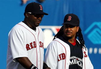 NEW YORK - JULY 15:  American League All-Stars Manny Ramirez #24 and David Ortiz #34 of the Boston Red Sox look on during batting practice before the 79th MLB All-Star Game at Yankee Stadium on July 15, 2008 in the Bronx borough of New York City.  (Photo by Chris McGrath/Getty Images)