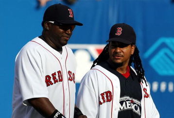 NEW YORK - JULY 15:  American League All-Stars Manny Ramirez #24 and David Ortiz #34 of the Boston Red Sox look on during batting practice before the 79th MLB All-Star Game at Yankee Stadium on July 15, 2008 in the Bronx borough of New York City.  (Photo by Chris McGrath/Getty Images)