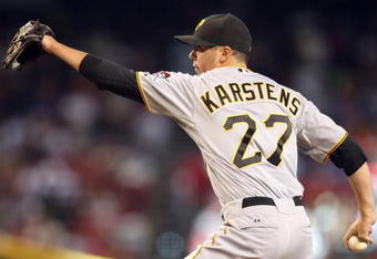 PHOENIX - JULY 26:  Relief pitcher Jeff Karstens #27 of the Pittsburgh Pirates pitches against the Arizona Diamondbacks during the major league baseball game at Chase Field on July 26, 2009 in Phoenix, Arizona. The Diamondbacks defeated the Pirates 9-0.  (Photo by Christian Petersen/Getty Images)