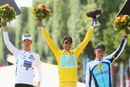 PARIS - JULY 26:  Race winner Alberto Contador of Spain and Astana celebrates with second place Alex Schleck (L) of Luxembourg and Saxo Bank and third place Lance Armstrong (R) of USA and Astana on the podium after Stage Twenty One of the Tour de France on July 26, 2009 in Paris, France.  (Photo by Bryn Lennon/Getty Images)