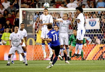 SANDY, UT - JULY 29:  Brad Davis #11 of the MLS All-Stars misses on a free kick against Everton FC during the 2009 MLS All-Star Game at Rio Tinto Stadium on July 29, 2009 in Sandy, Utah. (Photo by Jed Jacobsohn/Getty Images)