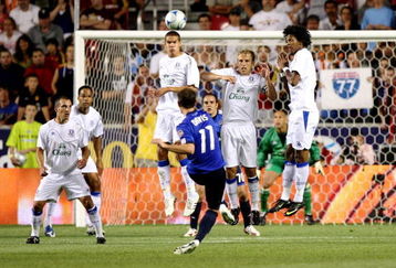 SANDY, UT - JULY 29:  Brad Davis #11 of the MLS All-Stars misses on a free kick against Everton FC during the 2009 MLS All-Star Game at Rio Tinto Stadium on July 29, 2009 in Sandy, Utah. (Photo by Jed Jacobsohn/Getty Images)