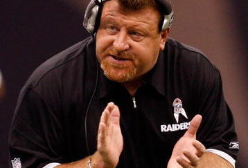 NEW ORLEANS - OCTOBER 12:  Interim Head coach Tom Cable talks with an assistant coach during the game against the New Orleans Saints of the Oakland Raiders on October 12, 2008 at the Superdome in New Orleans, Louisiana.  The Saints defeated the Raiders 34-3.  (Photo by Chris Graythen/Getty Images)