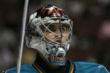 ANAHEIM, CA - SEPTEMBER 24:  Goaltender Thomas Greiss #1 of the San Jose Sharks during the preseason NHL game against the Anaheim Ducks at Honda Center on September 24, 2008 in Anaheim, California. The Ducks defeated the Sharks 6-4.  (Photo by Christian Petersen/Getty Images)