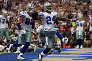 DALLAS - SEPTEMBER 15:  Running back Marion Barber #24 of the Dallas Cowboys celebrates a touchdown with Jason Witten #82 against the Philadelphia Eagles in the fourth quarter at Texas Stadium on September 15, 2008 in Irving, Texas.  (Photo by Ronald Martinez/Getty Images)