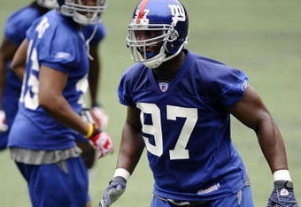 EAST RUTHERFORD, NJ - MAY 09:  Clint Sintim #97 of the New York Giants works out at rookie camp on May 9, 2009 in East Rutherford, New Jersey.  (Photo by Jeff Zelevansky/Getty Images)
