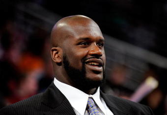 PHOENIX - FEBRUARY 13:  Shaquille O'Neal of the Phoenix Suns sits courtside during the T-Mobile Rookie Challenge & Youth Jam part of 2009 NBA All-Star Weekend at US Airways Center on February 13, 2009 in Phoenix, Arizona.  NOTE TO USER: User expressly acknowledges and agrees that, by downloading and or using this photograph, User is consenting to the terms and conditions of the Getty Images License Agreement.  (Photo by Kevork Djansezian/Getty Images)