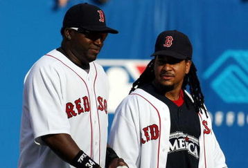 NEW YORK - JULY 15:  American League All-Stars Manny Ramirez #24 and David Ortiz #34 of the Boston Red Sox look on during batting practice before the 79th MLB All-Star Game at Yankee Stadium on July 15, 2008 in the Bronx borough of New York City.  (Photo by Chris McGrath/Getty Images)