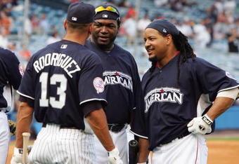NEW YORK - JULY 15:  (L-R) Alex Rodriguez #13, David Ortiz #34 and Manny Ramirez #24 of the American League All-Stars share a few words during batting practice prior to the 79th MLB All-Star Game at Yankee Stadium on July 15, 2008 in the Bronx borough of New York City.  (Photo by Jim McIsaac/Getty Images)