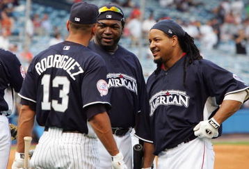 NEW YORK - JULY 15:  (L-R) Alex Rodriguez #13, David Ortiz #34 and Manny Ramirez #24 of the American League All-Stars share a few words during batting practice prior to the 79th MLB All-Star Game at Yankee Stadium on July 15, 2008 in the Bronx borough of New York City.  (Photo by Jim McIsaac/Getty Images)