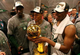 BOSTON - JUNE 17:  Kevin Garnett #5, Ray Allen #20 and Paul Pierce #34 of the Boston Celtics celebrate in the locker room after defeating the Los Angeles Lakers in Game Six of the 2008 NBA Finals on June 17, 2008 at TD Banknorth Garden in Boston, Massachusetts. NOTE TO USER: User expressly acknowledges and agrees that, by downloading and/or using this Photograph, user is consenting to the terms and conditions of the Getty Images License Agreement.  (Photo by Elsa/Getty Images)