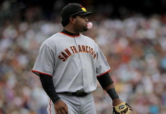DENVER - JULY 26:  Pablo Sandoval #48 of the San Francisco Giants blows a bubble as he awaits action against the Colorado Rockies at Coors Field on July 26, 2009 in Denver, Colorado. The Rockies defeated the Giants 4-2..  (Photo by Doug Pensinger/Getty Images)