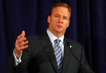 NEW YORK - JULY 27:  NFL Commissioner Roger Goodell answers questions from the media after reinstating Michael Vick on a conditional basis on July 27, 2009 at the InterContinental Hotel in New York City.  (Photo by Mike Stobe/Getty Images)