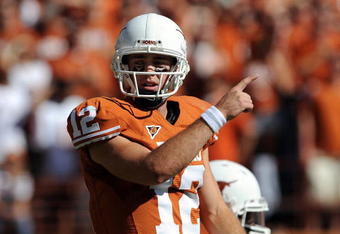 AUSTIN, TX - OCTOBER 25:  Quarterback Colt McCoy #12 of the Texas Longhorns during play against the Oklahoma State Cowboys at Texas Memorial Stadium on October 25, 2008 in Austin, Texas.  (Photo by Ronald Martinez/Getty Images)