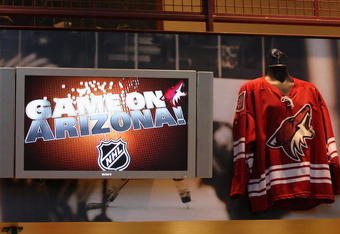 GLENDALE, AZ - JUNE 25:  A Phoenix Coyotes jersey and 'Game on Arizona' are displayed during an open house at Jobing.com Arena on June 25, 2009 in Glendale, Arizona.  (Photo by Christian Petersen/Getty Images)