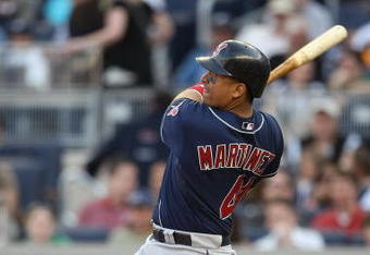 NEW YORK - APRIL 18:  Victor Martinez #41 of the Cleveland Indians hits a solo home run against the New York Yankees at Yankee Stadium on April 18, 2009 in the Bronx borough of New York City.  (Photo by Nick Laham/Getty Images)