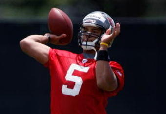 TAMPA, FL - MAY 01:  Quarterback Josh Freeman #5 of the Tampa Bay Buccaneers throws a pass during the Buccaneers Rookie Minicamp at One Buccaneer Place on May 1, 2009 in Tampa, Florida.  (Photo by J. Meric/Getty Images)