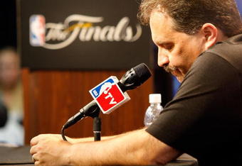 ORLANDO, FL - JUNE 14:  Head coach Stan Van Gundy of the Orlando Magic looks down during the post game news conference after losing to the Los Angeles Lakers 99-86 in Game Five of the 2009 NBA Finals on June 14, 2009 at Amway Arena in Orlando, Florida.  NOTE TO USER:  User expressly acknowledges and agrees that, by downloading and or using this photograph, User is consenting to the terms and conditions of the Getty Images License Agreement.  (Photo by Chris Graythen/Getty Images)