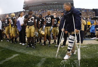 SOUTH BEND, IN - SEPTEMBER 13: Head coach Charlie Weis of the Notre Dame Fighting Irish looks on during the final seconds of their 35-17 victory over the Michigan Wolverines on September 13, 2008 at Notre Dame Stadium in South Bend, Indiana.  (Photo by Gregory Shamus/Getty Images)