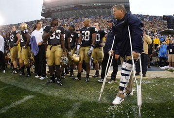 SOUTH BEND, IN - SEPTEMBER 13: Head coach Charlie Weis of the Notre Dame Fighting Irish looks on during the final seconds of their 35-17 victory over the Michigan Wolverines on September 13, 2008 at Notre Dame Stadium in South Bend, Indiana.  (Photo by Gregory Shamus/Getty Images)