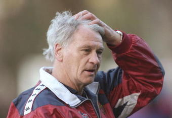 Feb 1997:  Bobby Robson from Great Britain showing the strain of being  manager of Barcelona. \ Mandatory Credit: Ben Radford /Allsport