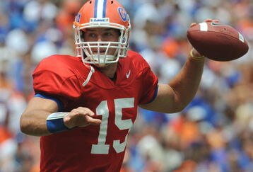 GAINESVILLE, FL - APRIL 18: Quarterback Tim Tebow #15 of the University of Florida passes upfield during the spring football Orange and Blue game April 18, 2009 at Ben Hill Griffin Stadium in Gainesville, Florida.  (Photo by Al Messerschmidt/Getty Images)