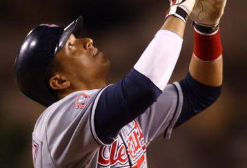 ANAHEIM, CA - JULY 27:  Victor Martinez #41 of the Cleveland Indians celebrates after hitting a three-run home run in the ninth inning against the Los Angeles Angels of Anaheim at Angel Stadium on July 27, 2009 in Anaheim, California. The Indians defeated the Angels 8-6.  (Photo by Jeff Gross/Getty Images)