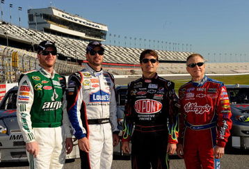 DAYTONA BEACH, FL - FEBRUARY 07:  Hendricks Motorsports drivers Dale Earnhardt Jr., Jimmie Johnson, Jeff Gordon, and Mark Martin pose for the media to honor Rick Hendrick prior to practice for the NASCAR Sprint Cup Series Daytona 500 at Daytona International Speedway on February 7, 2009 in Daytona Beach, Florida.  (Photo by Rusty Jarrett/Getty Images for NASCAR)