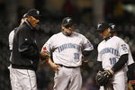 CLEVELAND - APRIL 10:  Cito Gaston #43 of the Toronto Blue Jays talks to his team on the mound against the Cleveland Indians in the eighth inning April 10, 2009 at Progressive Field in Cleveland, Ohio.  (Photo by Matt Sullivan/Getty Images)