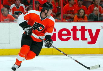 PHILADELPHIA - APRIL 25:  Randy Jones #6 of the Philadelphia Flyers skates against the Pittsburgh Penguins during Game Six of the Eastern Conference Quarterfinal Round of the 2009 NHL Stanley Cup Playoffs  at the Wachovia Center on April 25, 2009 in Philadelphia, Pennsylvania. The Penguins defeated the Flyers 5-3 to win the series 4 games to 2.  (Photo by Jim McIsaac/Getty Images)